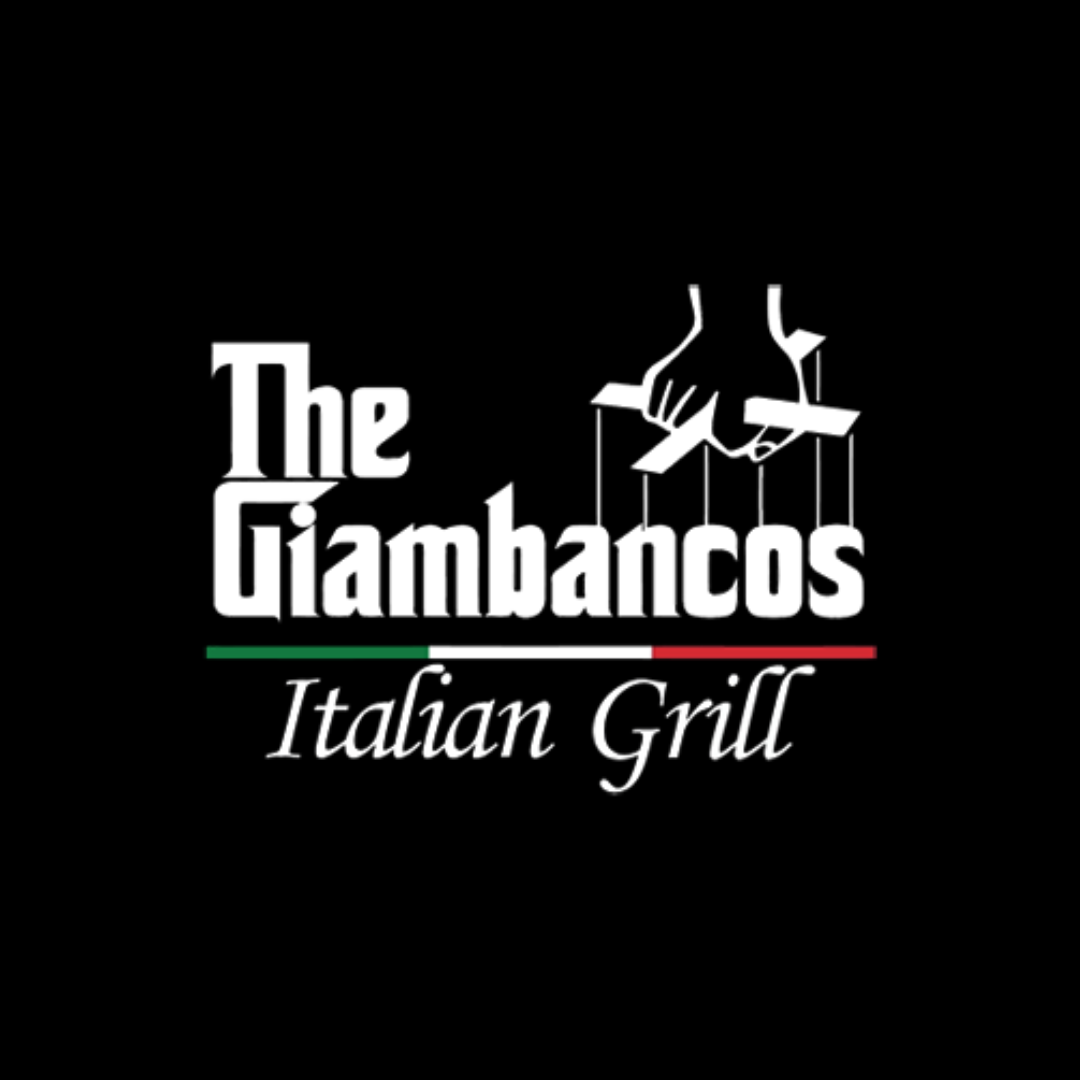 Logo of The Giambancos Italian Grill featuring text, a hand pulling strings like a puppet, and an Italian flag stripe.