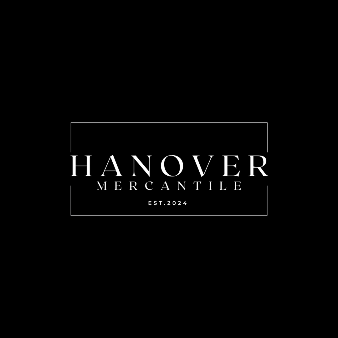 Black background with a white rectangular border around the words 'Hanover Mercantile est. 2024' in white, serif font.