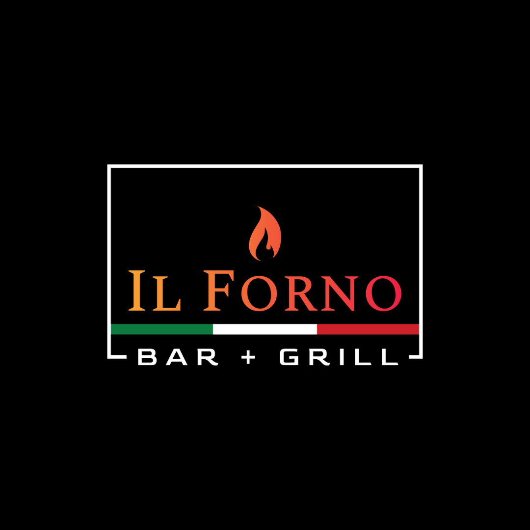 Logo for Il Forno Bar + Grill with flame icon, the Italian flag colors, and text in red, orange, and white.