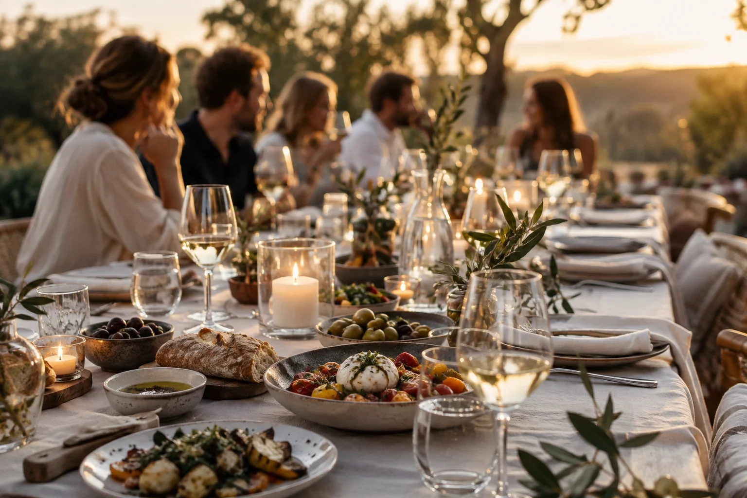 AI-sfeerbeeld van een sfeervol gedekte tafel voor een luxe diner.