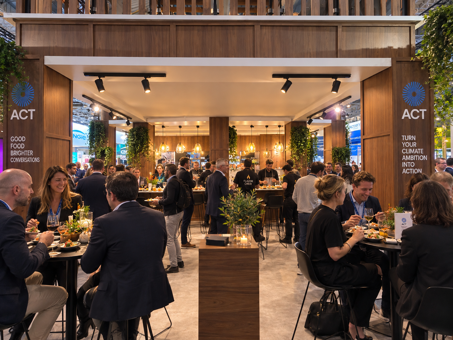 Gasten eten en drinken aan tafels op een levendige ACT-beursstand met houten inrichting.