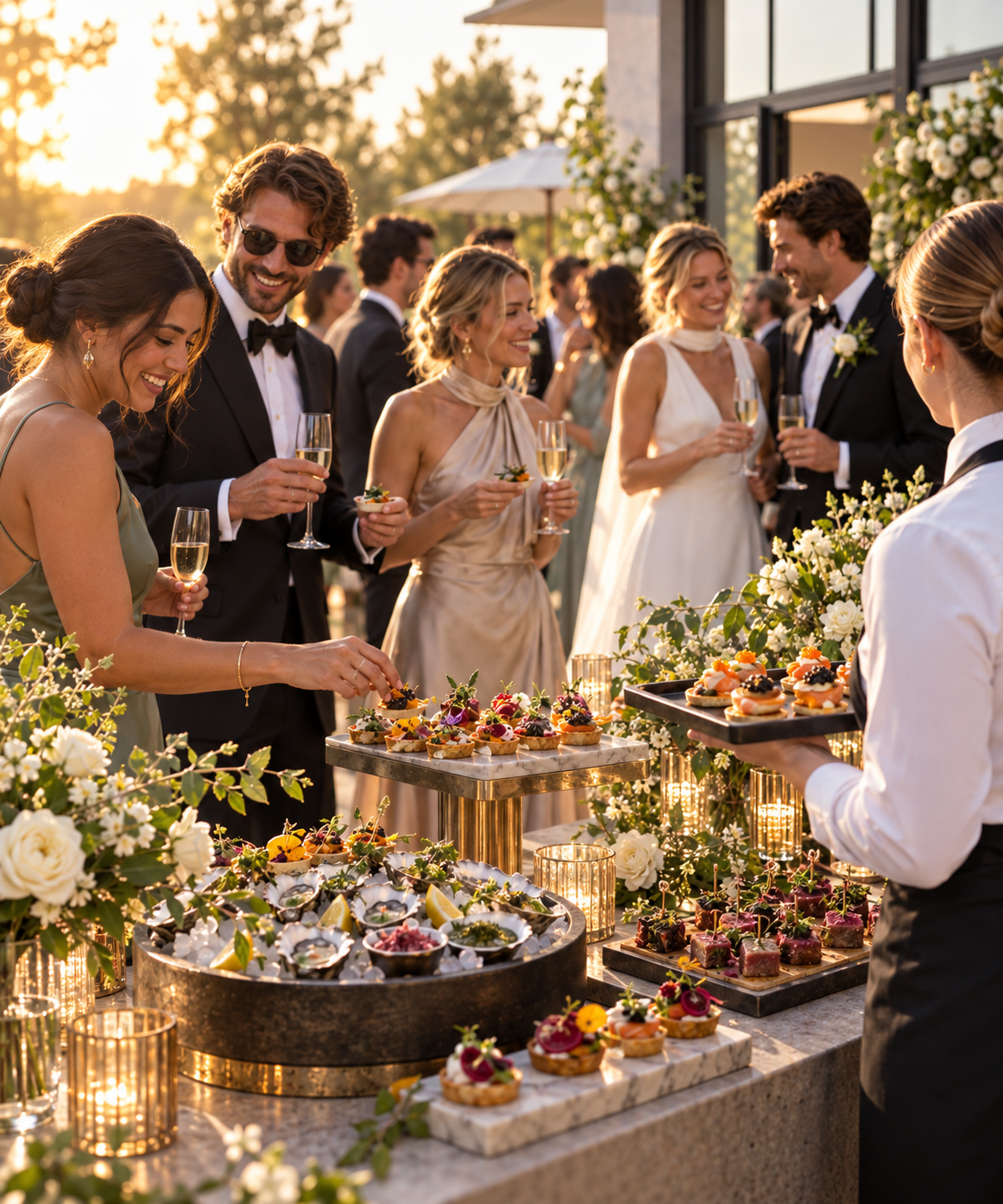 Bruiloftsgasten met glazen bubbels en luxe canapés tijdens een receptie in de buitenlucht.