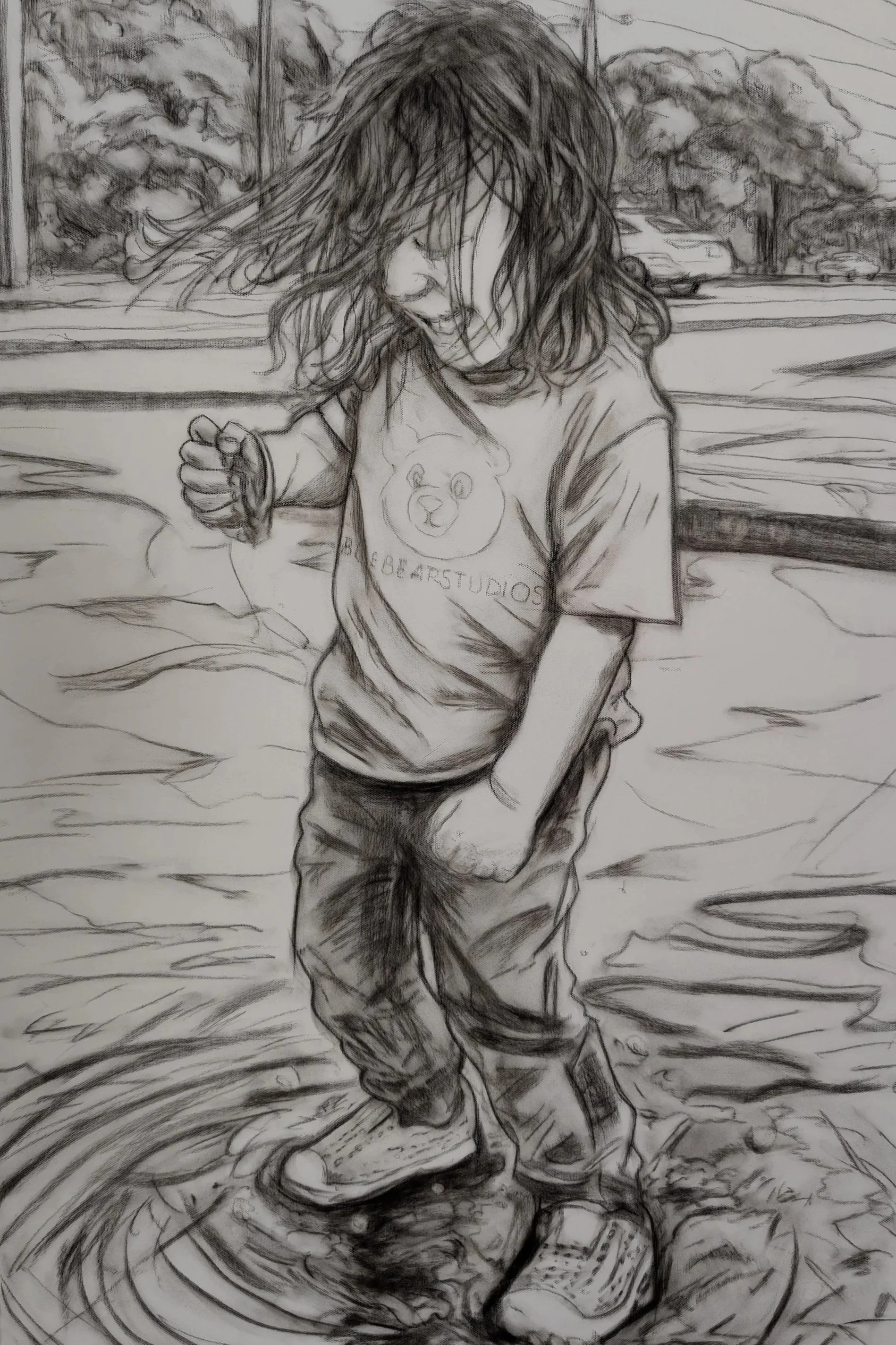 Puddle Stomping - Lu Series - Charcoal on Canvas