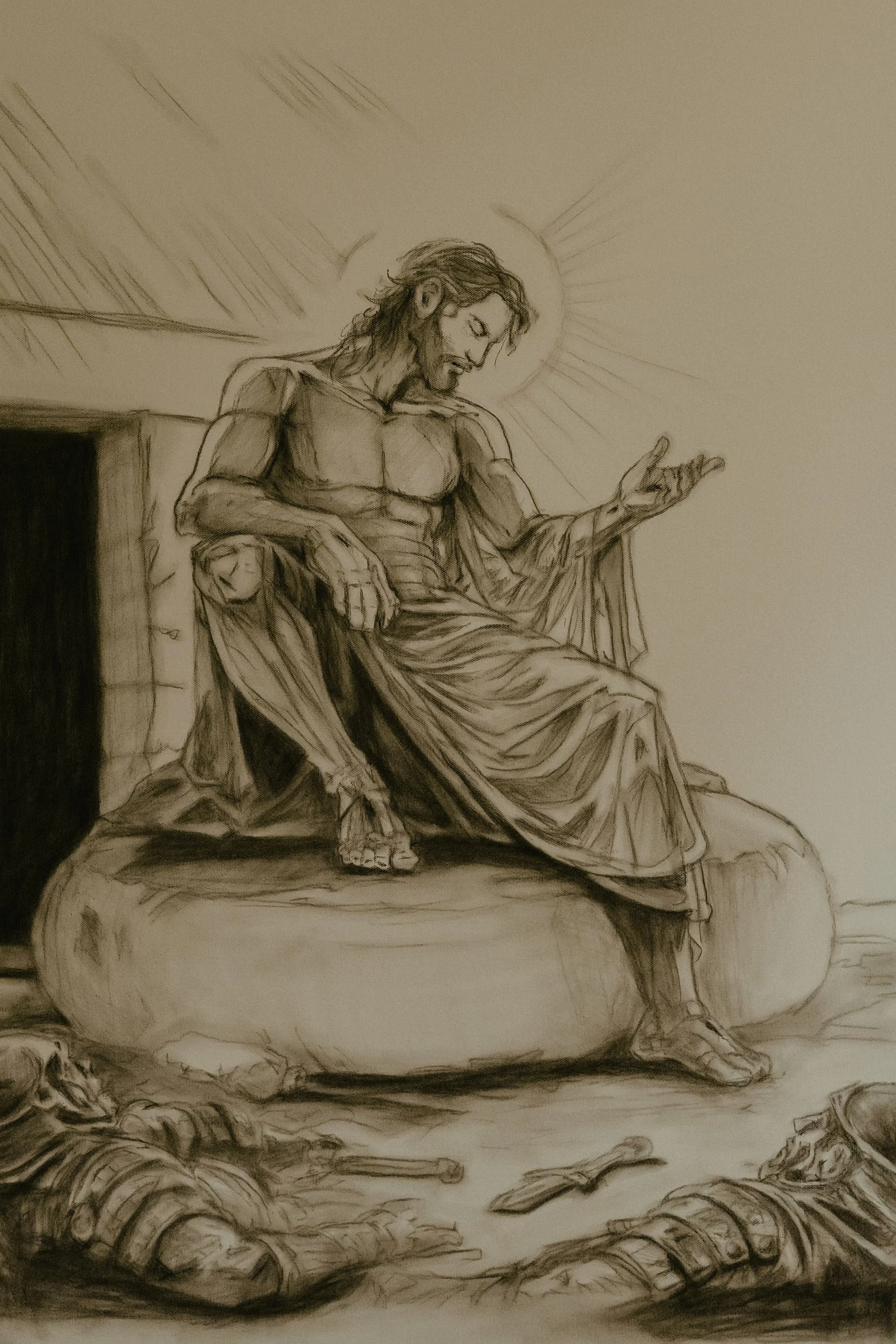 The Resurrection - Three Days Series. Jesus risen from the grave still bearing his wounds. Charcoal on Canvas