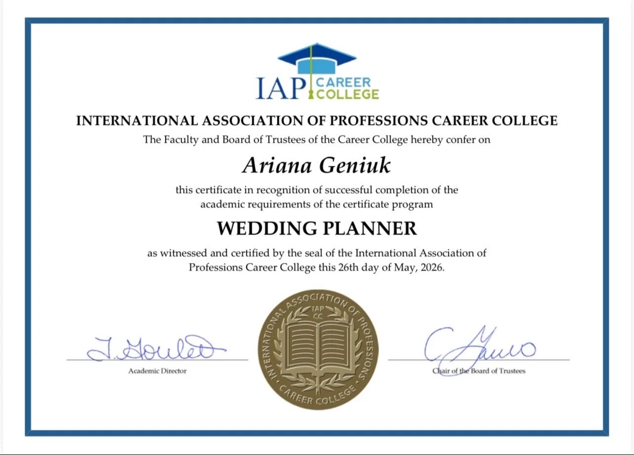 Ariana Geniuk's Wedding Planner Certificate from the International Association of Professions Career College