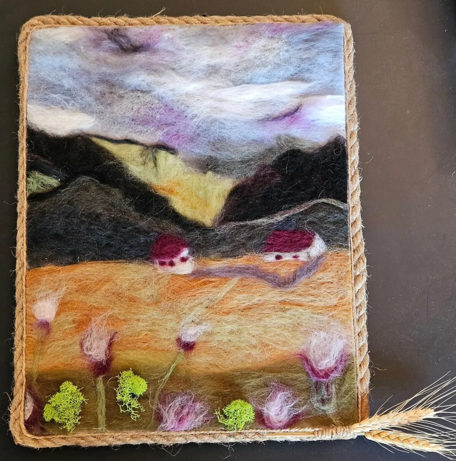 image of felted landscape meadow mountain scene with homes flowers and moss