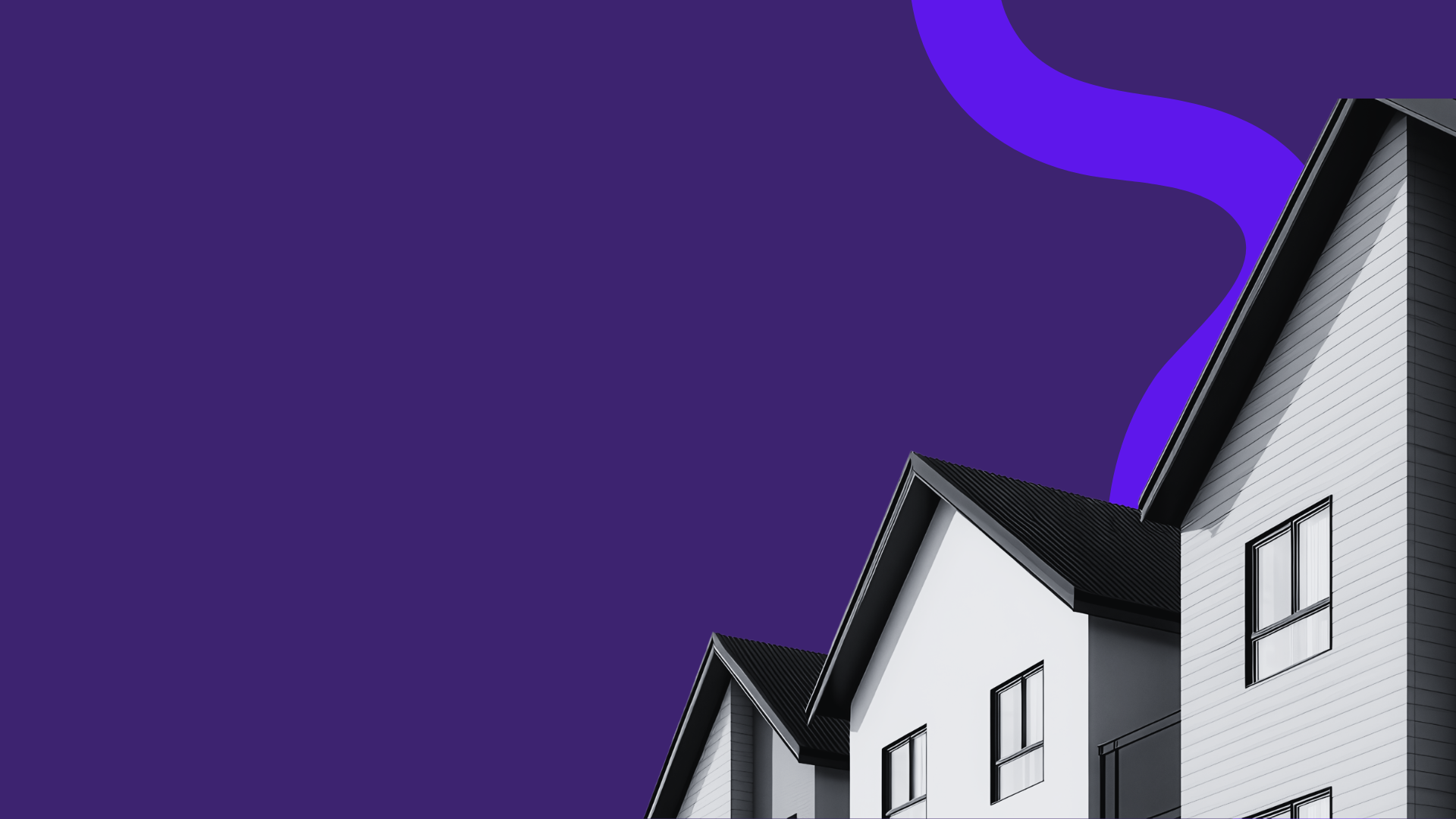 Close-up of modern white houses with black roofs against a purple sky, showing multiple windows and gables.