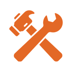 Crossed hammer and wrench tools on a white background.