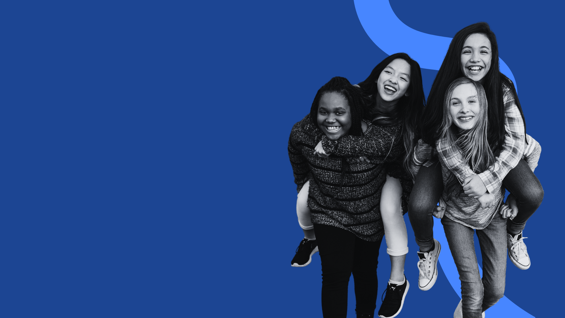 Four young girls smiling and laughing, with two giving piggyback rides, against a blue background with abstract shapes.