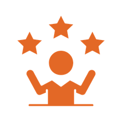 Icon of a person with arms raised, surrounded by five stars