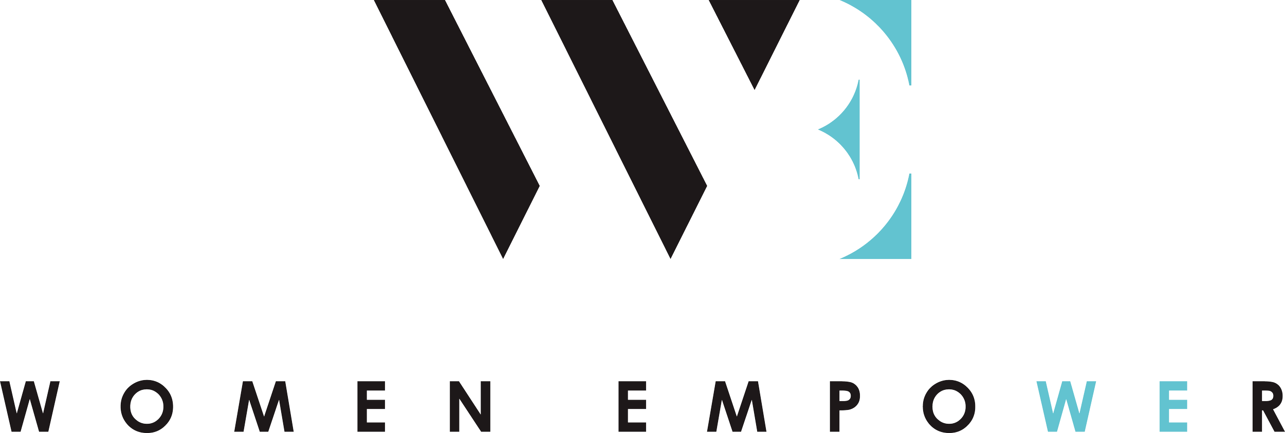 Logo for Women Empower, featuring stylized 'W' and 'E' with black and light blue colors, and the words 'Women Empower' beneath.
