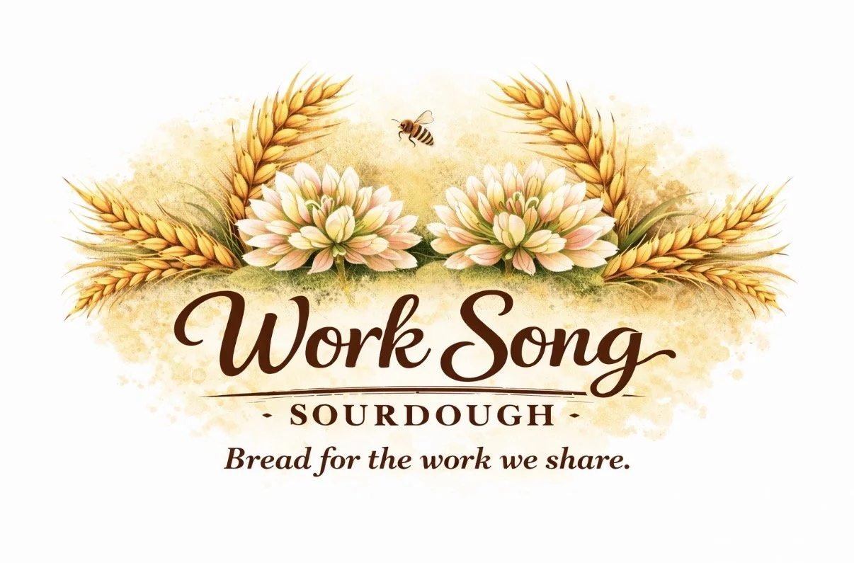 Design featuring wheat stalks, flowers, and a bee with the text 'Work Song Sourdough Bread for the work we share'.