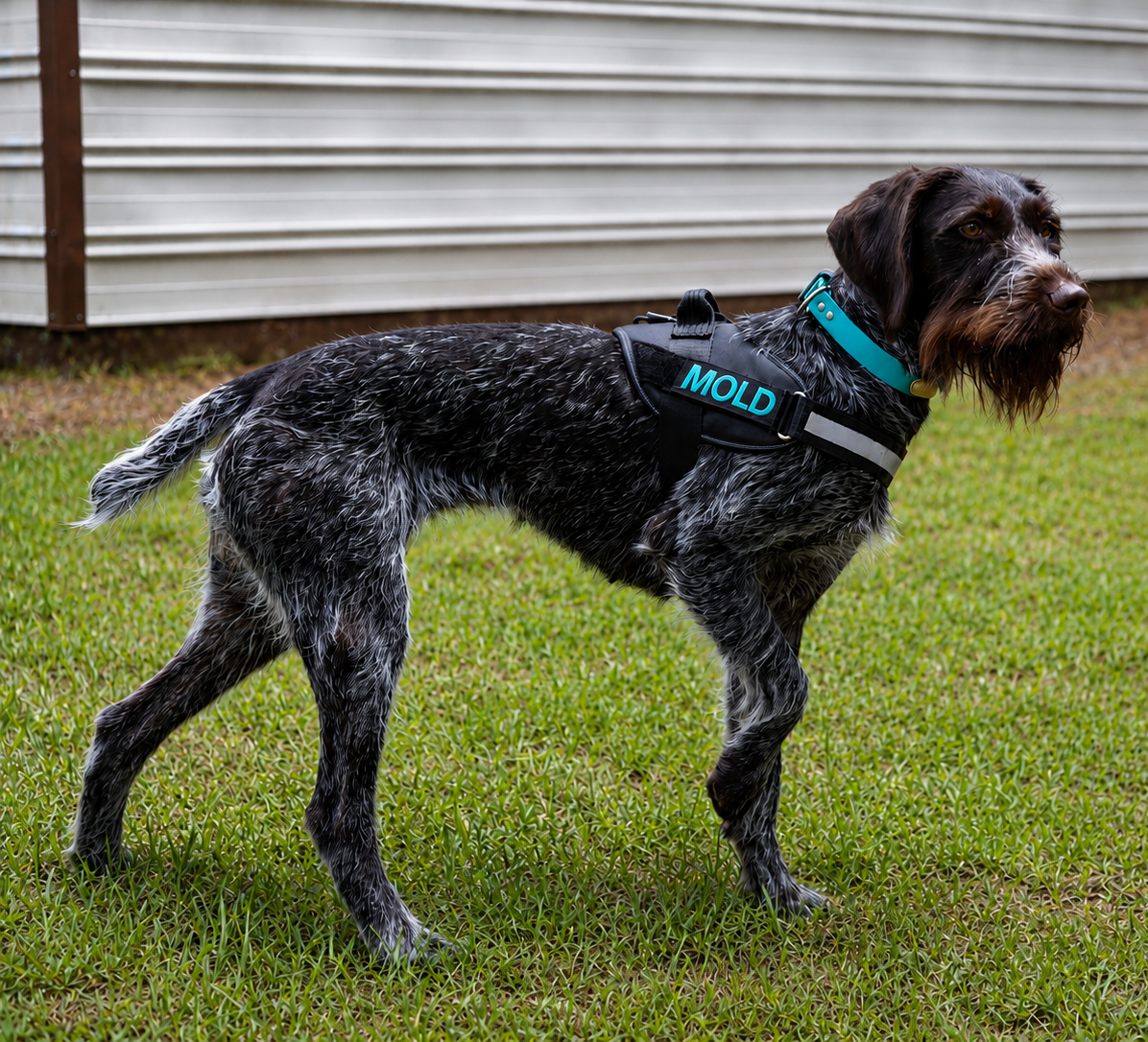 Bloodhound with a black vest labeled 'MOLD' standing on grass near a building.