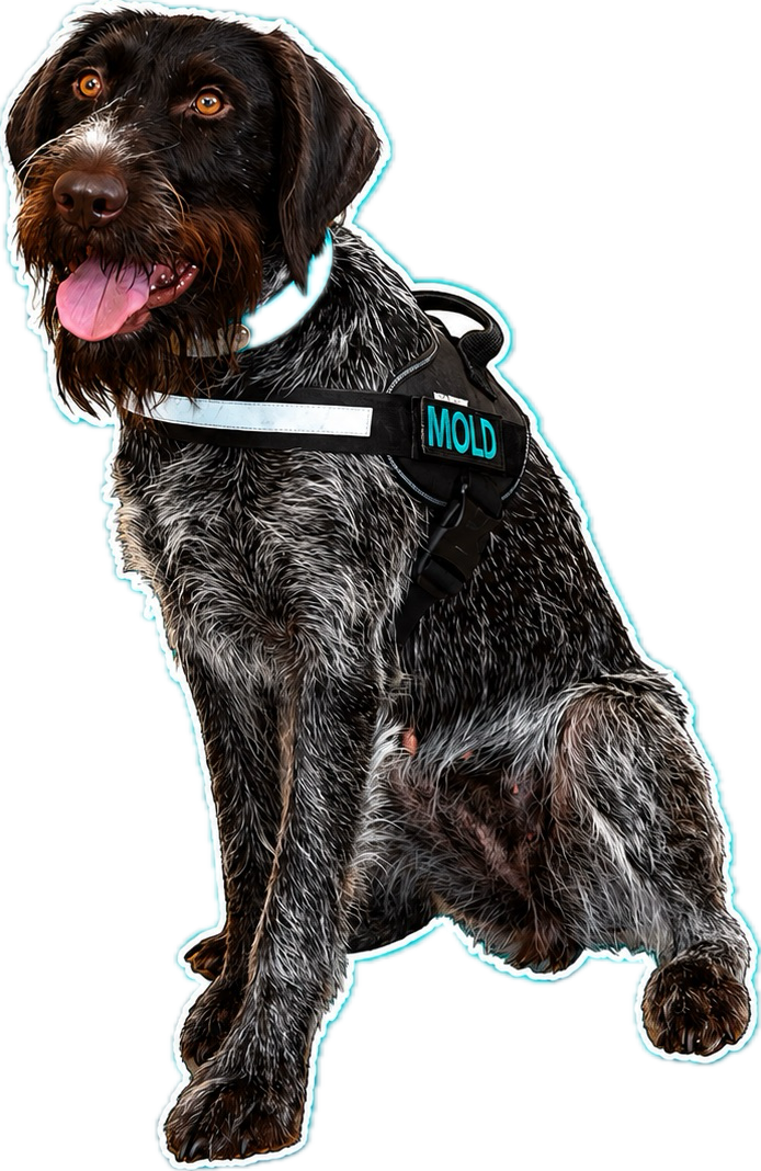 A German Wirehaired Pointer wearing a harness labeled "MOLD" sitting against a black background.