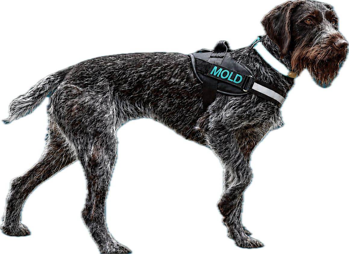 A black and gray English Springer Spaniel wearing a harness with the word 'MOLD' on it.