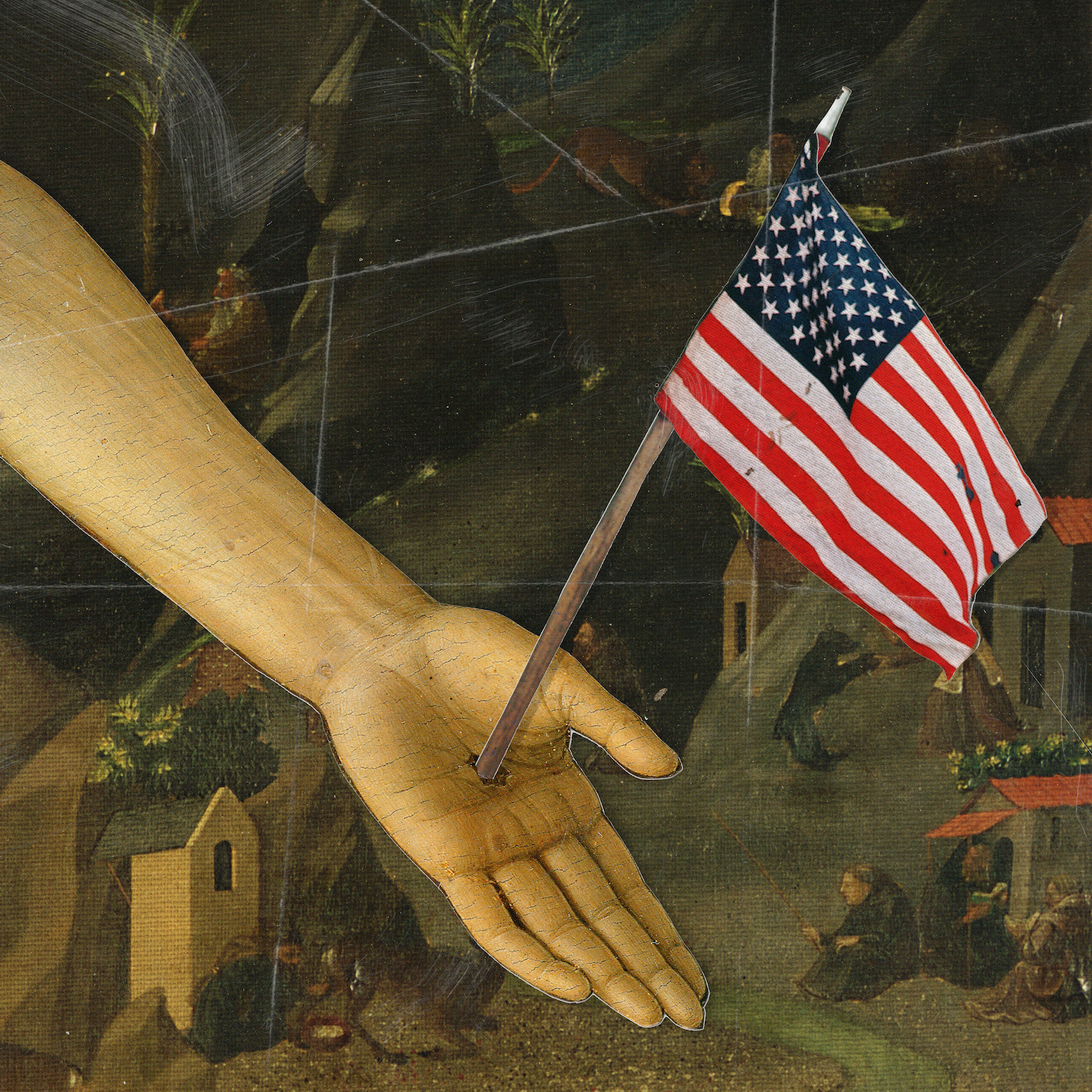 leeward 'all we know' EP cover art. American stigmata showing a painted hand pointing downward impaled by an American flag