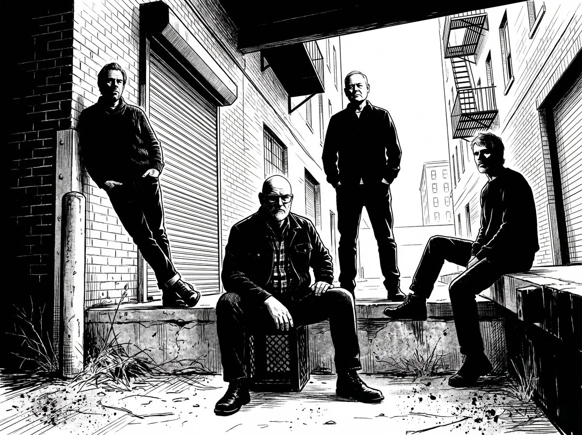 Black and white illustration leeward members in a back alley with brick walls, fire escapes, and closed metal shutters. Two men are seated, one seated on a crate, and two are standing, with serious expressions.