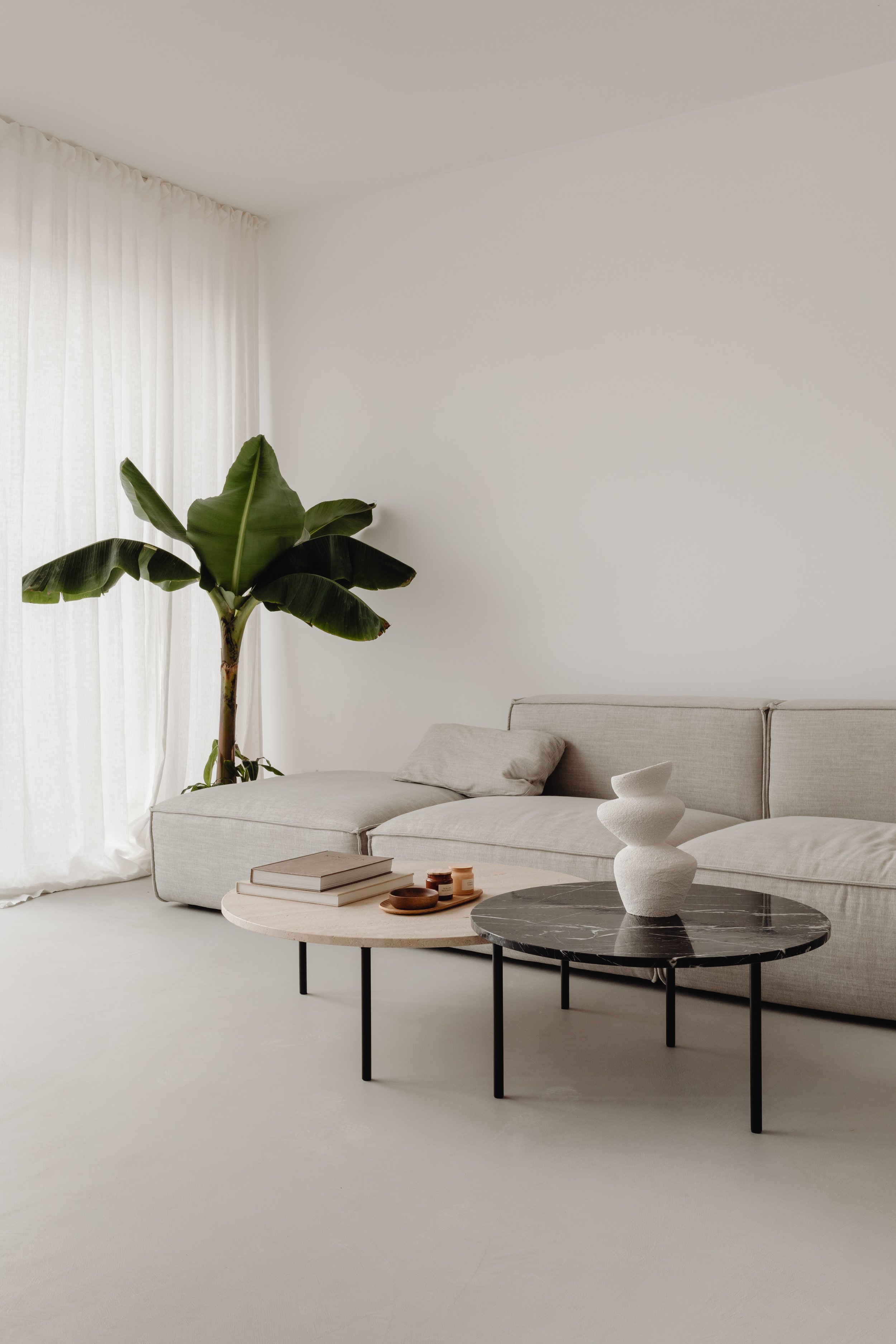 Minimalist living room featuring a white sofa with pillows, a large green potted plant, two round coffee tables with books and decorative items, and sheer white curtains in the background.