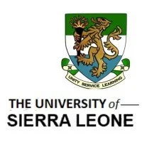 The logo of the University of Sierra Leone featuring a shield with a lion, a tree, and a blue and green background, along with the university's name.