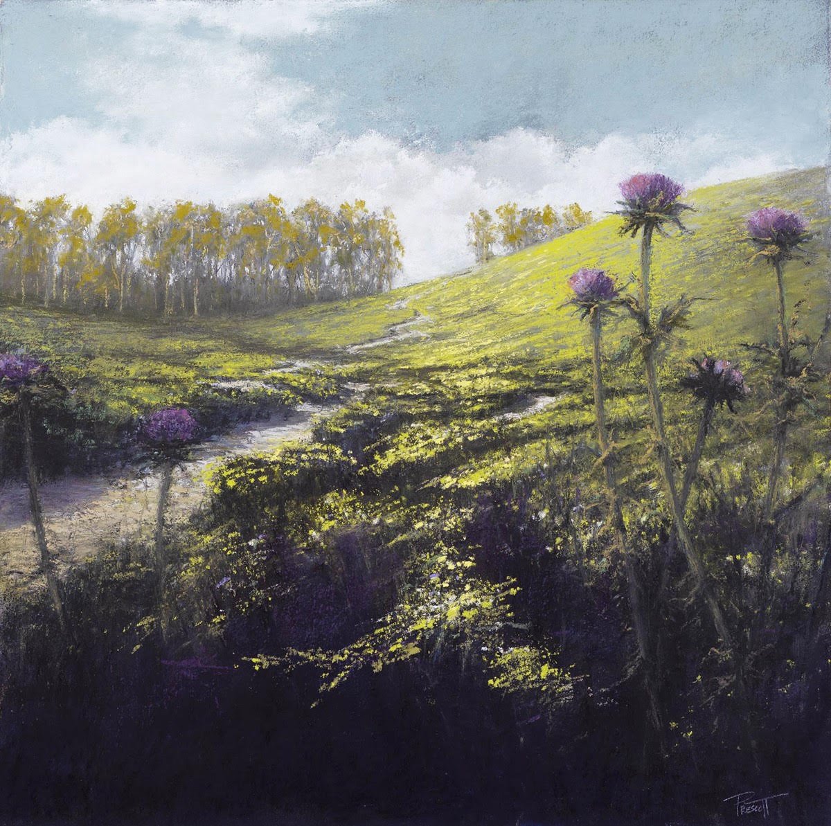 Painting of a landscape with a dirt path winding through grassy hills, purple thistle flowers in the foreground, and a tree line in the distance under a cloudy sky.