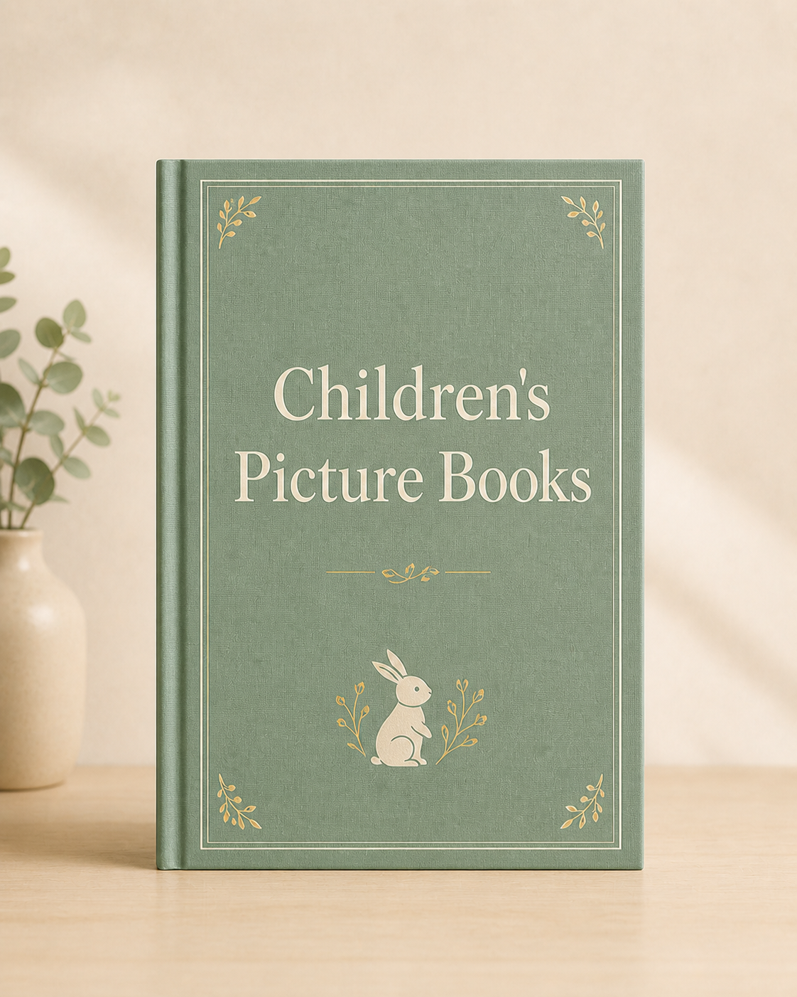 Green hardcover children's picture book with a white rabbit illustration on the cover, titled 'Children's Picture Books,' placed on a wooden surface with a plant in a beige pot visible in the background.