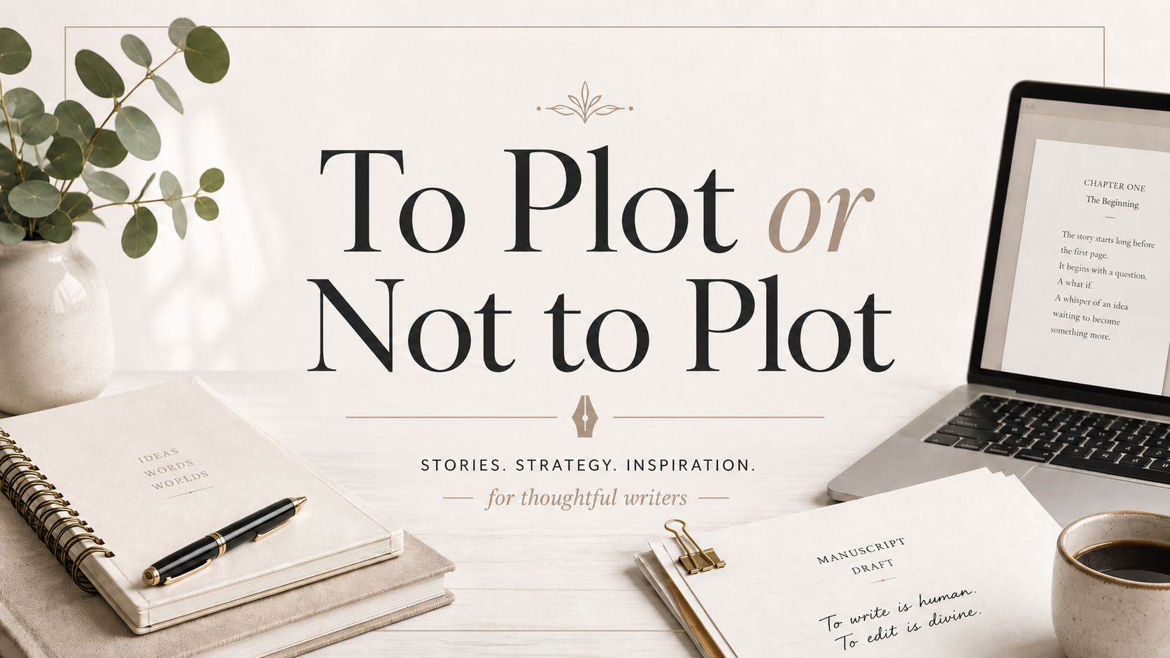A workspace with a laptop, a notebook, a pen, a paper labeled 'Manuscript Draft', a cup of coffee, and a plant on a white desk. The background features the phrase 'To Plot or Not to Plot' in bold text.