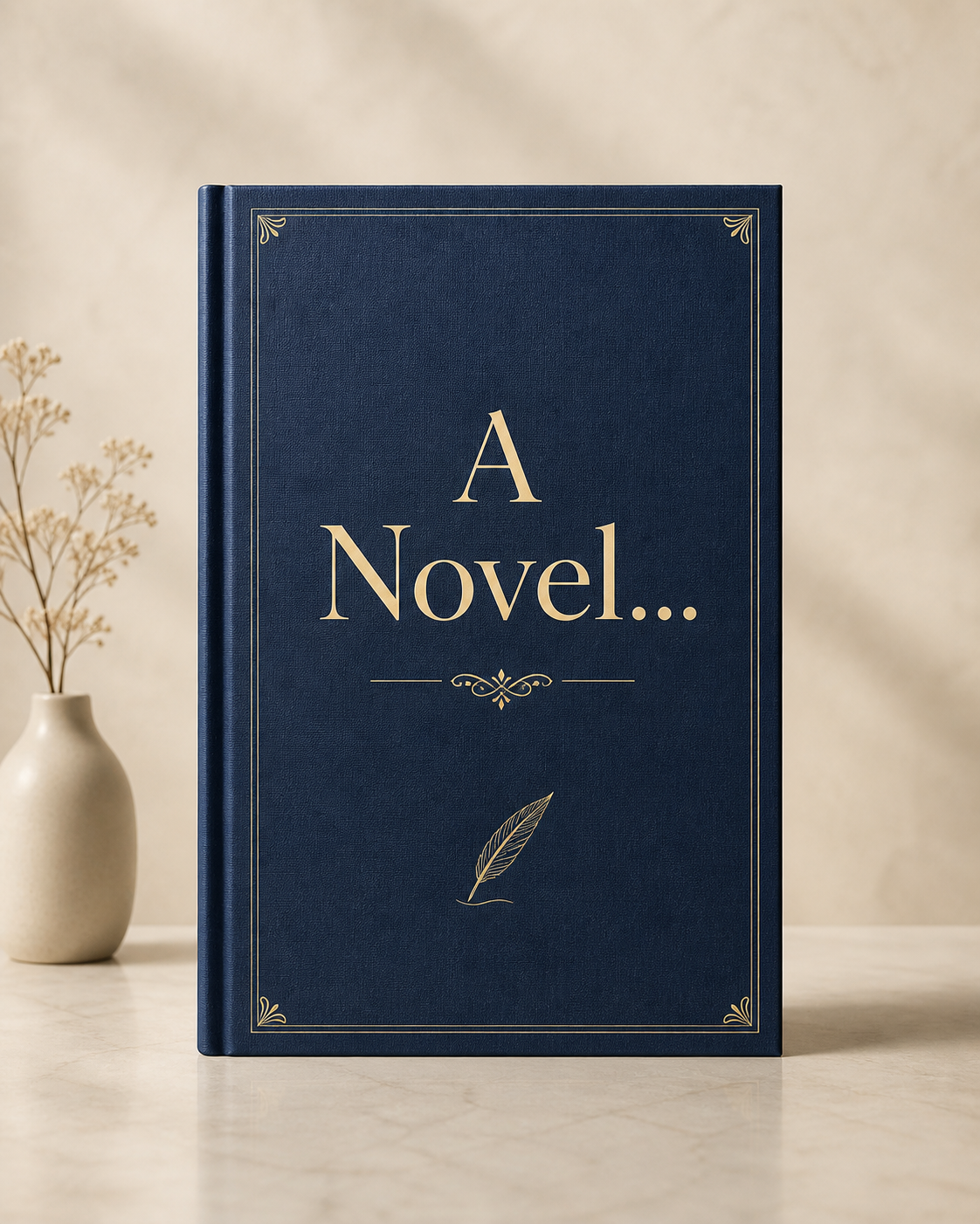 A dark blue hardcover book titled "A Novel..." with gold embellishments, positioned on a beige surface with a white vase and dried flowers in the background.