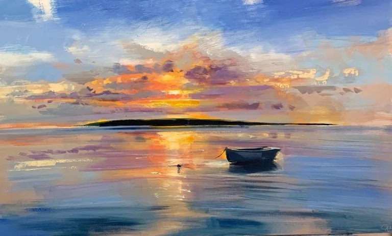 Painting of a tranquil sunset over a calm body of water with a small boat floating nearby.