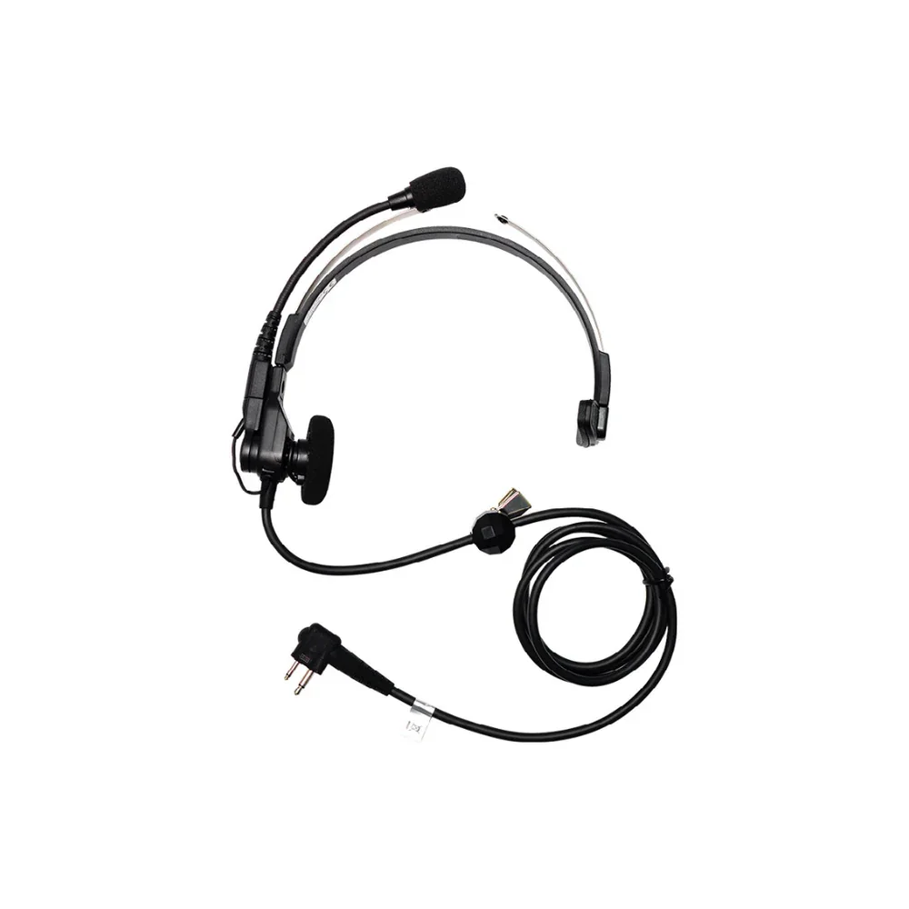 A black headset with a microphone and a coiled cable.