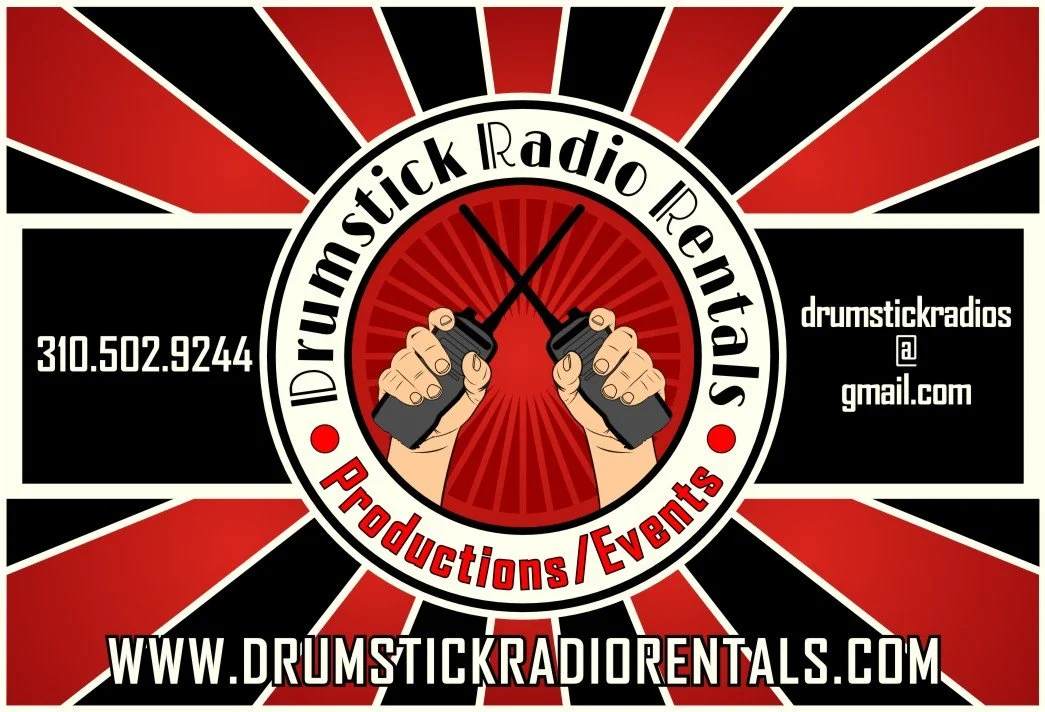 Logo for ID Drumstick Radio Rentals featuring two hands holding walkie-talkies, with red and black radiating background, contact information, and website URL.