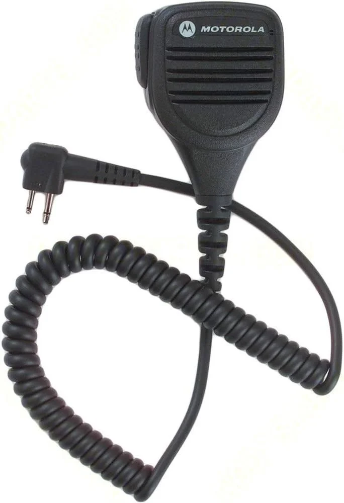A black Motorola microphone with a coiled cord and a two-prong plug.
