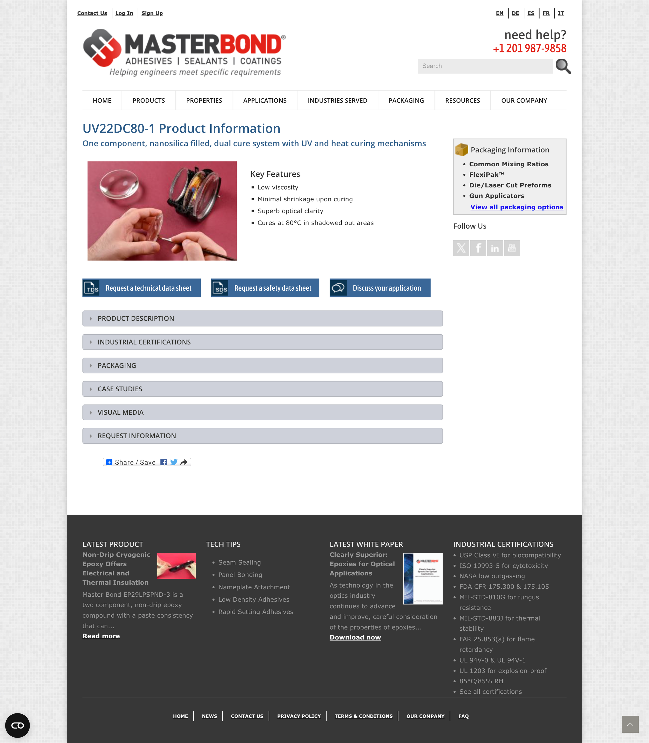Screenshot of a product page from the Master Bond website before the redesign.