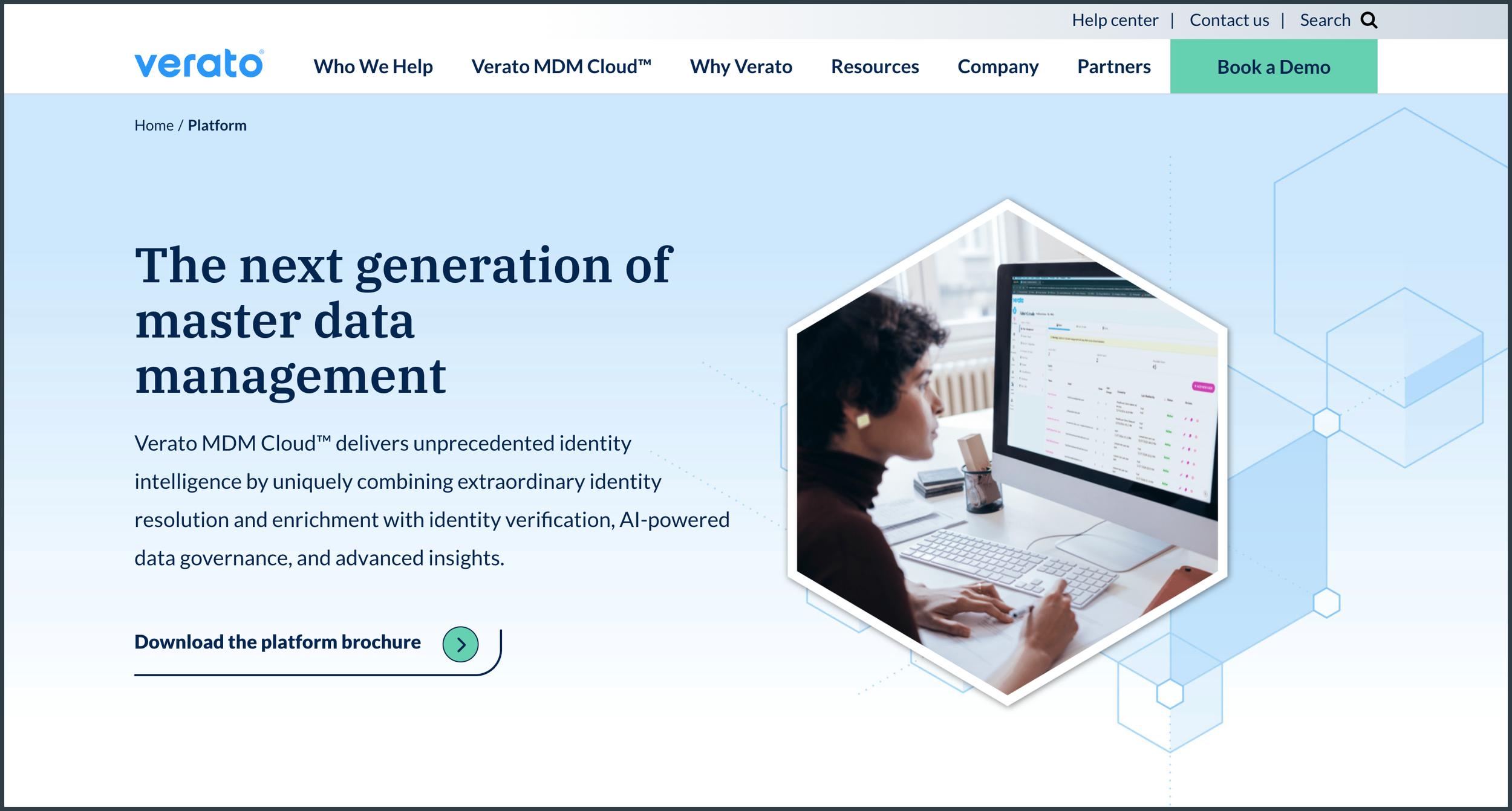 Screenshot of Verato's website highlighting their MDM Cloud platform. The headline reads "The next generation of master data management."