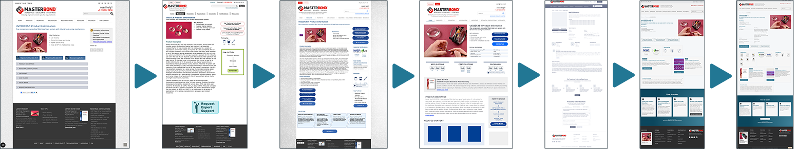 A series of 7 screenshots illustrating the evolution of a Master Bond product page from start to finish.
