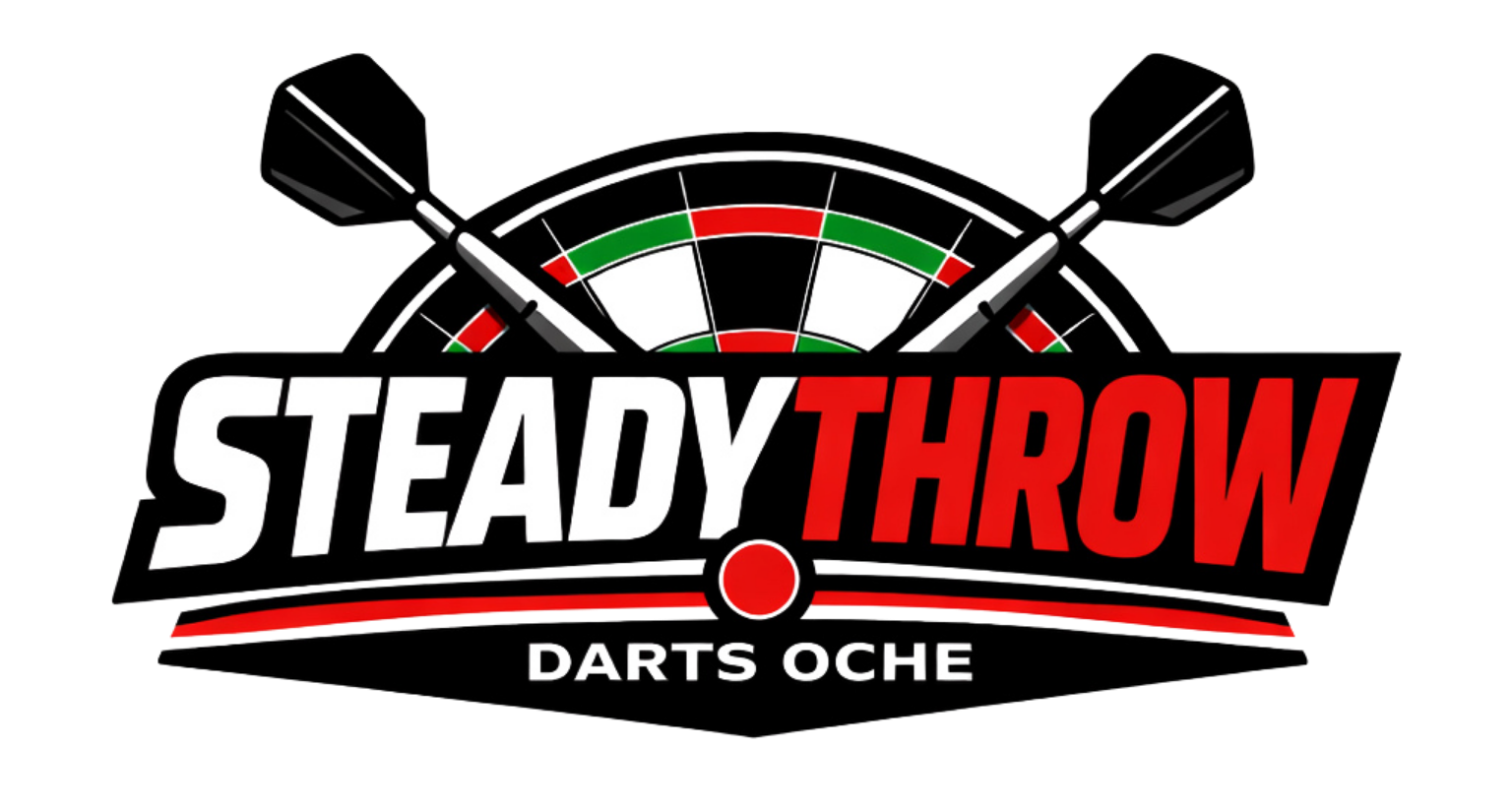 Logo for Steady Throw Darts Oche featuring a dartboard with two darts, the words 'STEADY THROW' in bold white and red text, and 'DARTS OCHE' underneath.