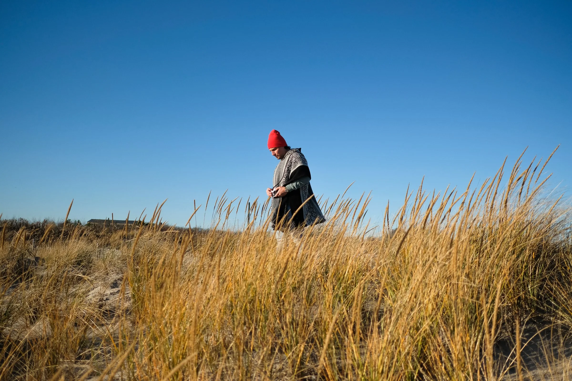 Person wearing a red hat and patterned sweater walking through tall, golden grass under a clear blue sky, with a house visible in the distance.