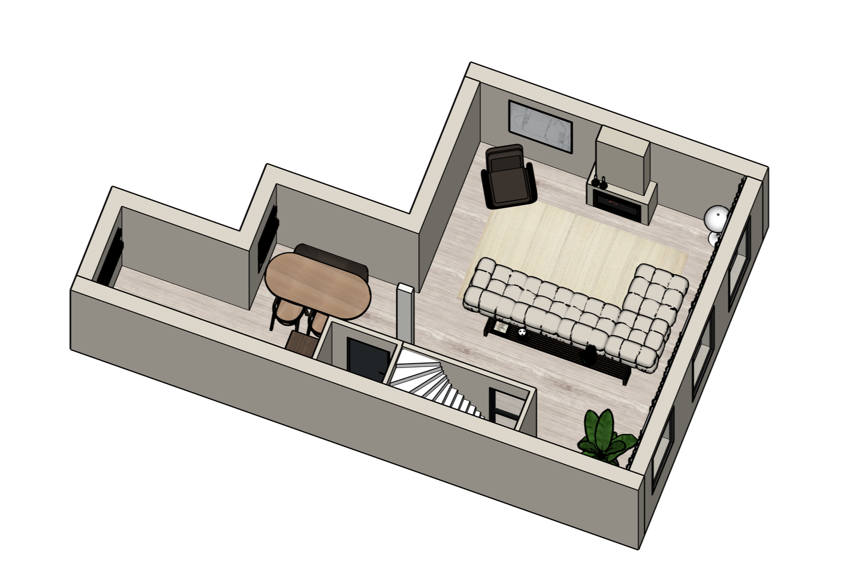3D living room layout with furniture and staircase created in SketchUp