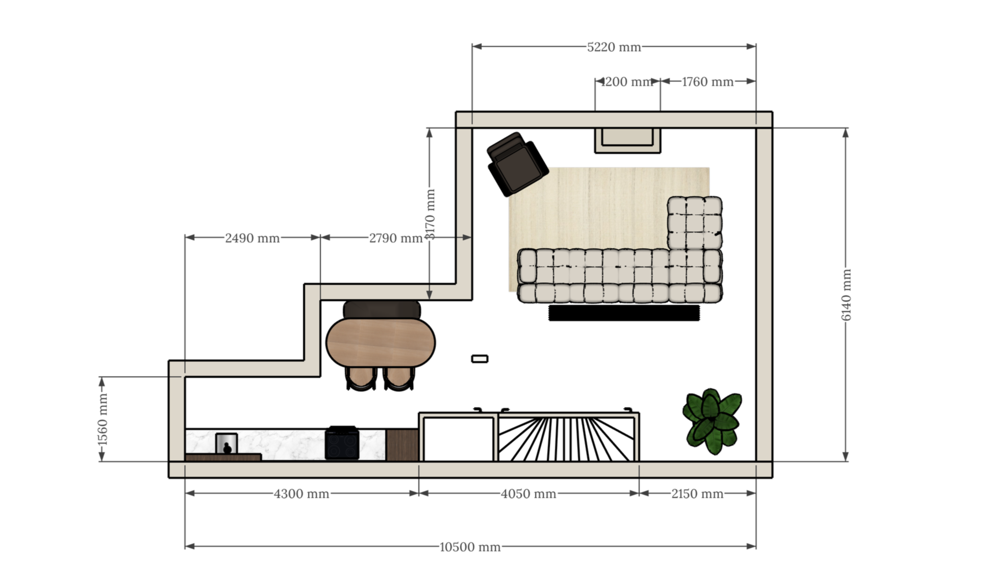 Detailed floor plan with dimensions for living room and kitchen layout
