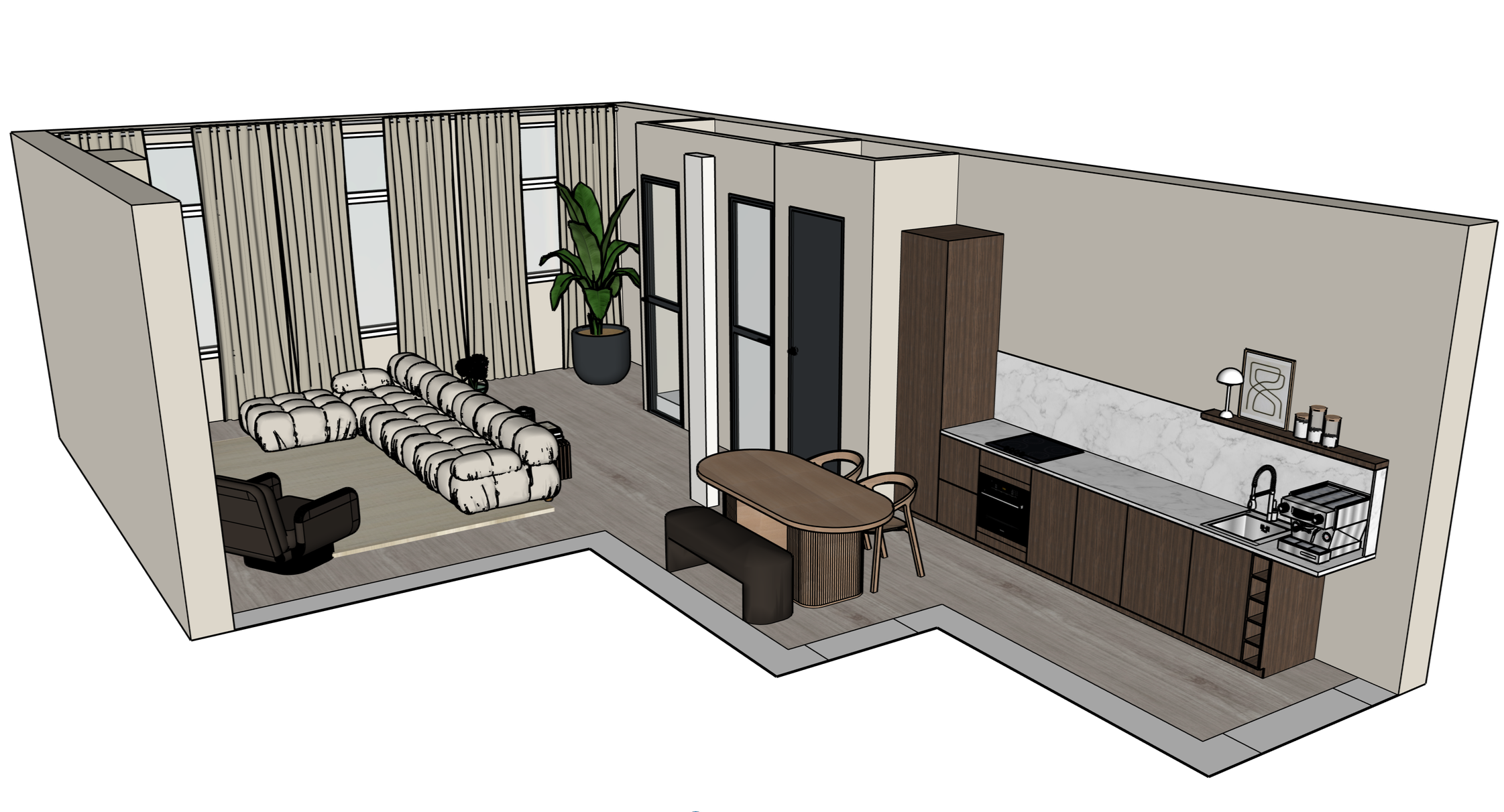 33D interior design of modern open-plan living room and kitchen in SketchUp