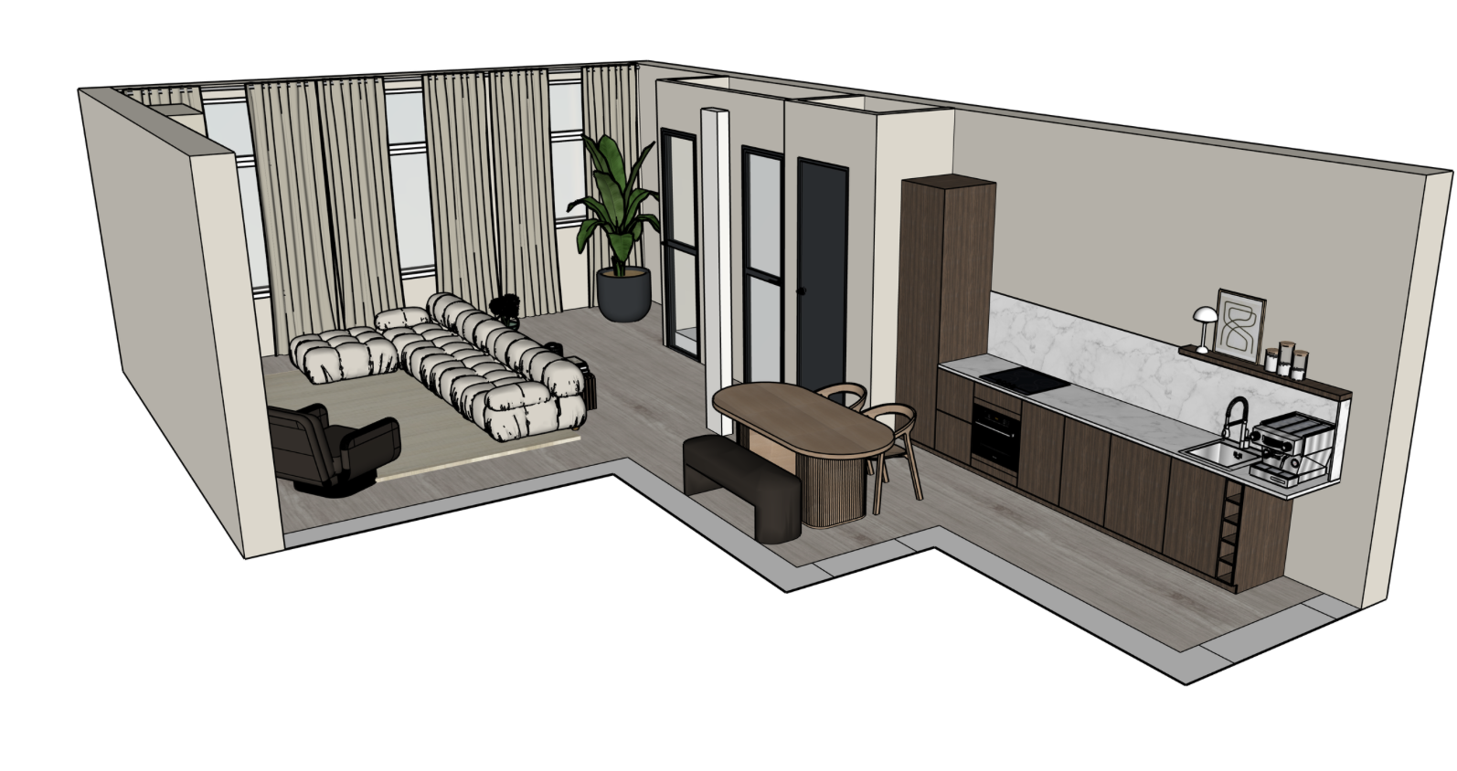 Modern 3D interior design of open-plan living room and kitchen