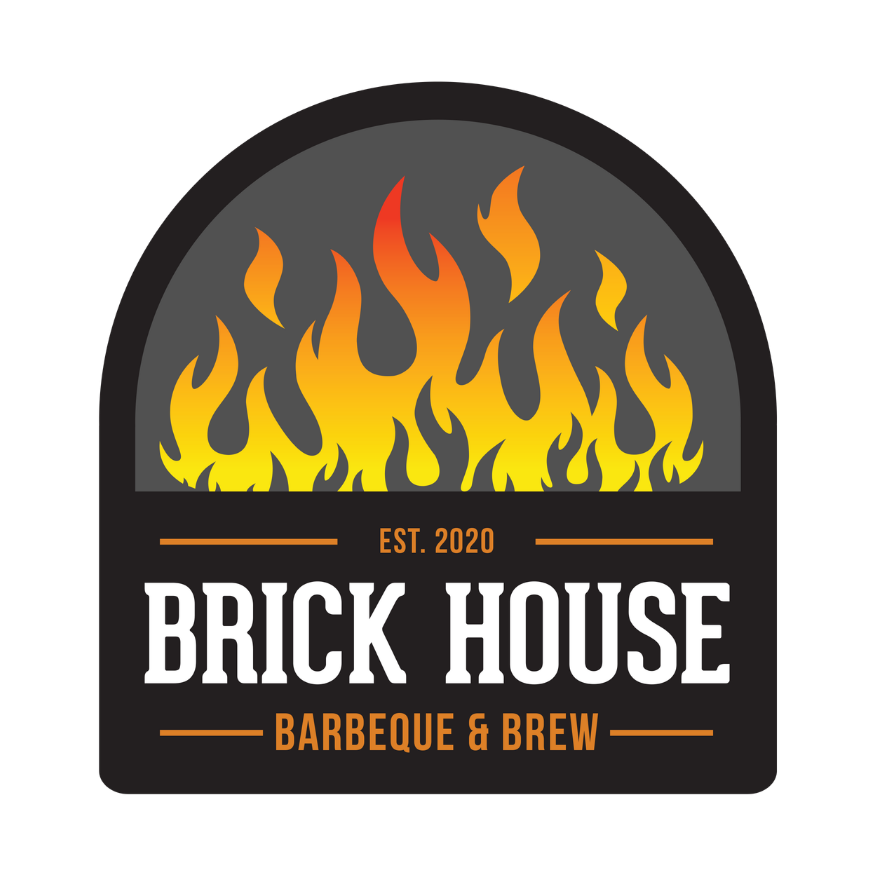 Logo for Brick House Barbeque & Brew featuring a stylized fire with yellow and orange flames, black background, and white and orange text.