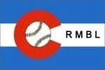 Logo of the Rugby Manitoba Baseball League (RMBL) featuring a baseball inside a red and blue circle.