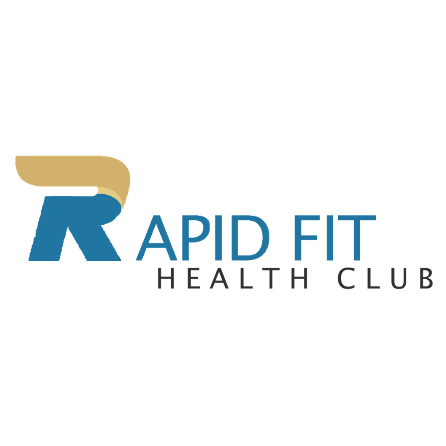 Logo for Rapid Fit Health Club featuring a stylized letter R and a person stretching.