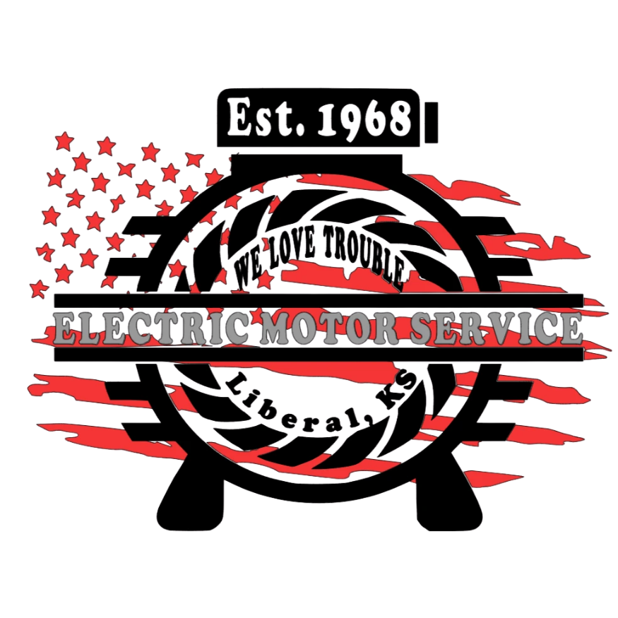 A logo for an electric motor service company featuring a gear and American flag elements with the text 'Electric Motor Service' and 'Est. 1968'.