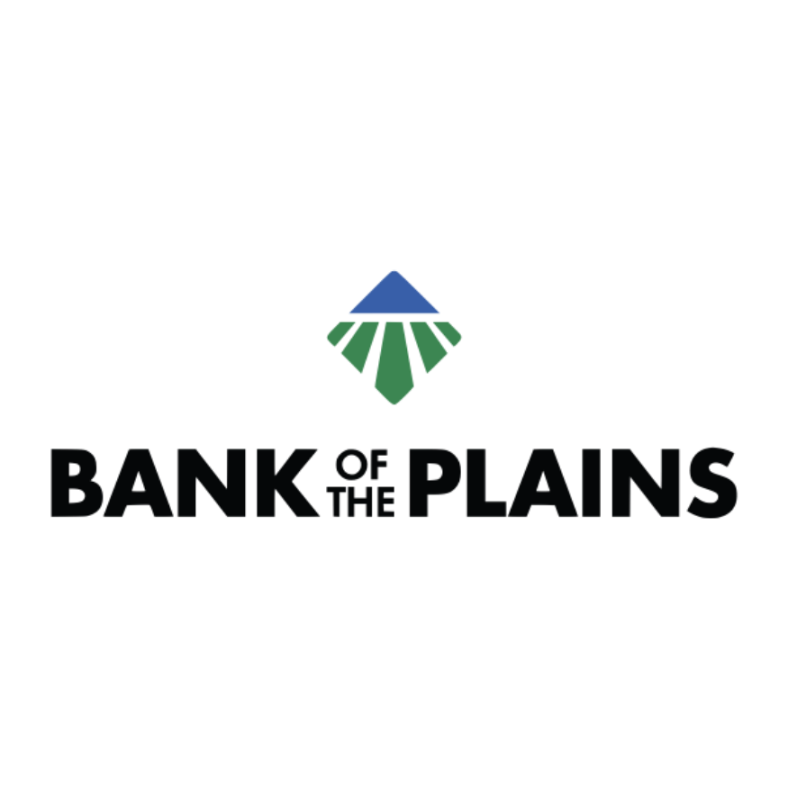 Logo for Bank of the Plains featuring a stylized blue mountain above green and pink lines.