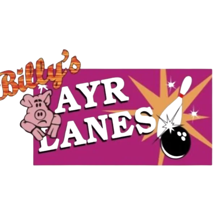 Colorful graphic with text "Billy's Ray Lanes" and a cartoon pig, along with a bomb explosion graphic.