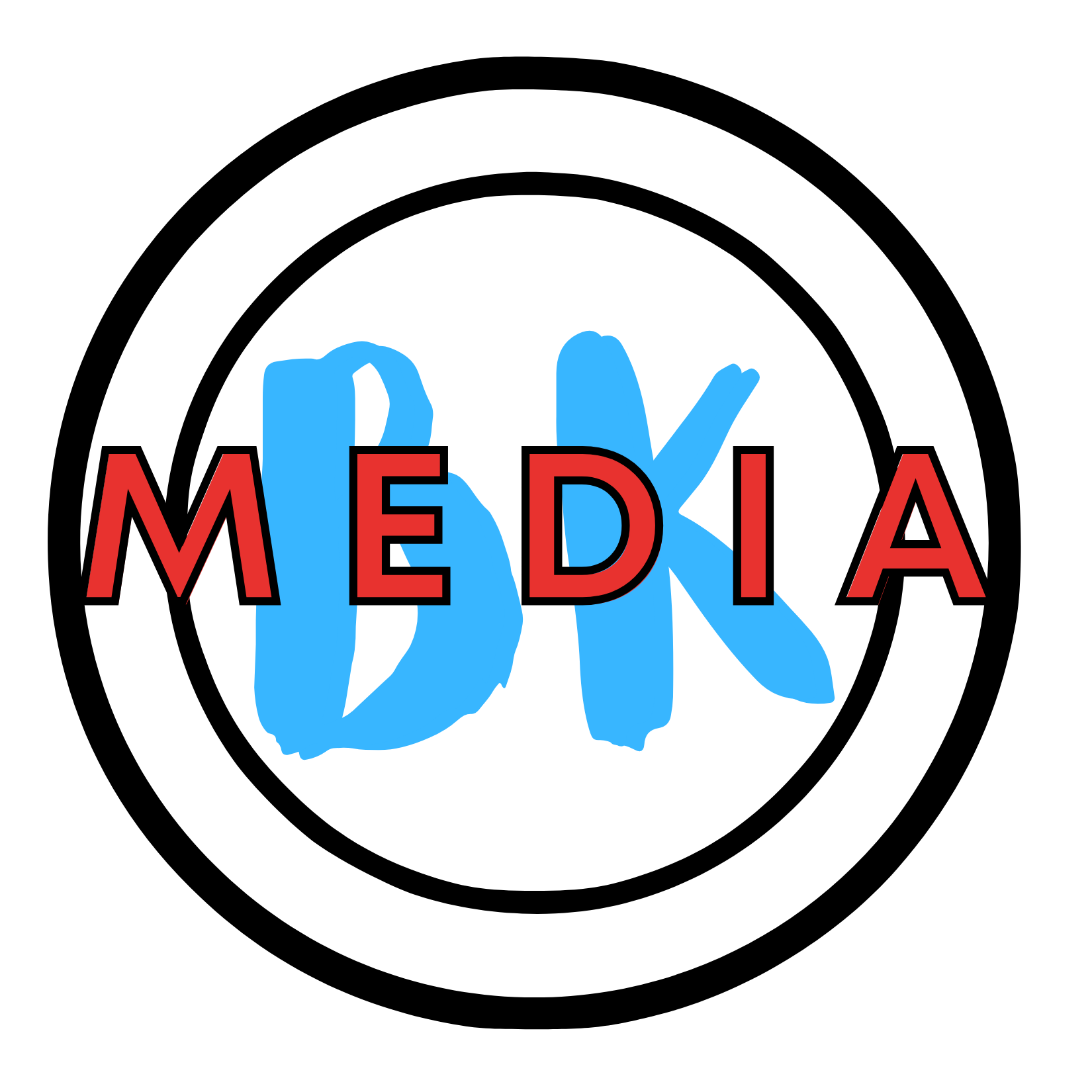 BK Media logo in red and black, over blue, paint-stroked letters spelling "OK" in a graffiti style.