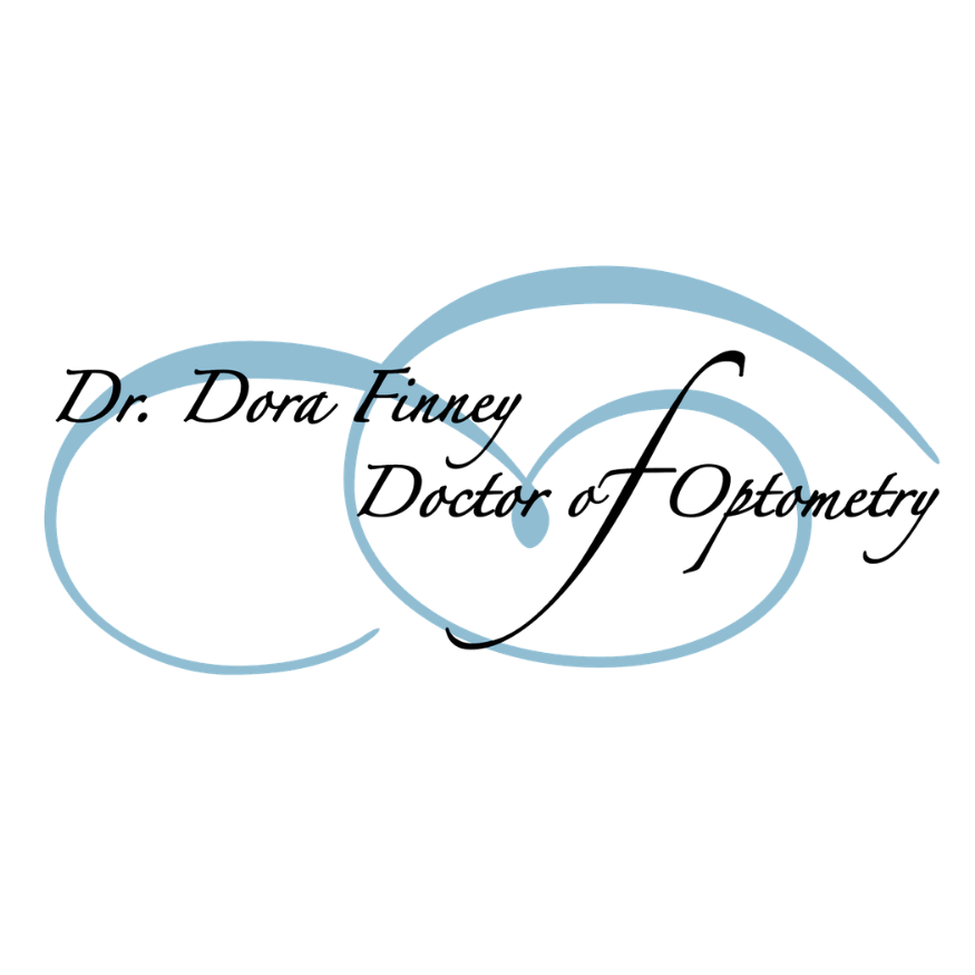 Logo for Dr. Dora Finney, Doctor of Optometry, featuring elegant blue swirl design and text in cursive font