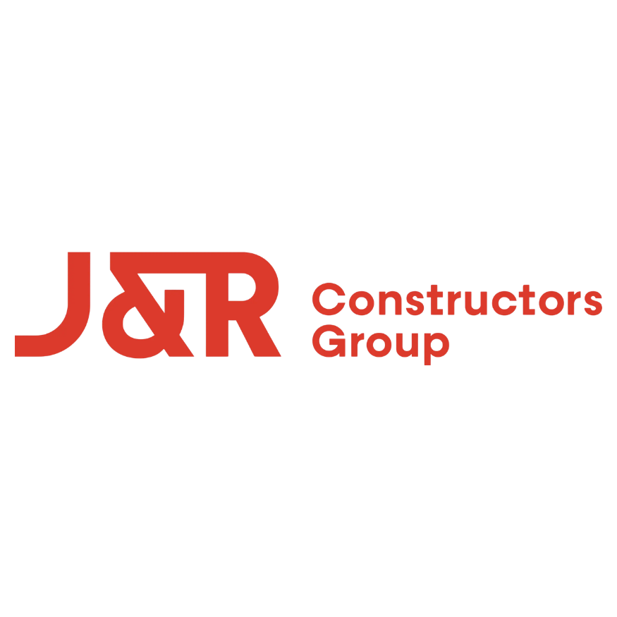 J&R Constructors Group logo with red text and black accents on a black background.