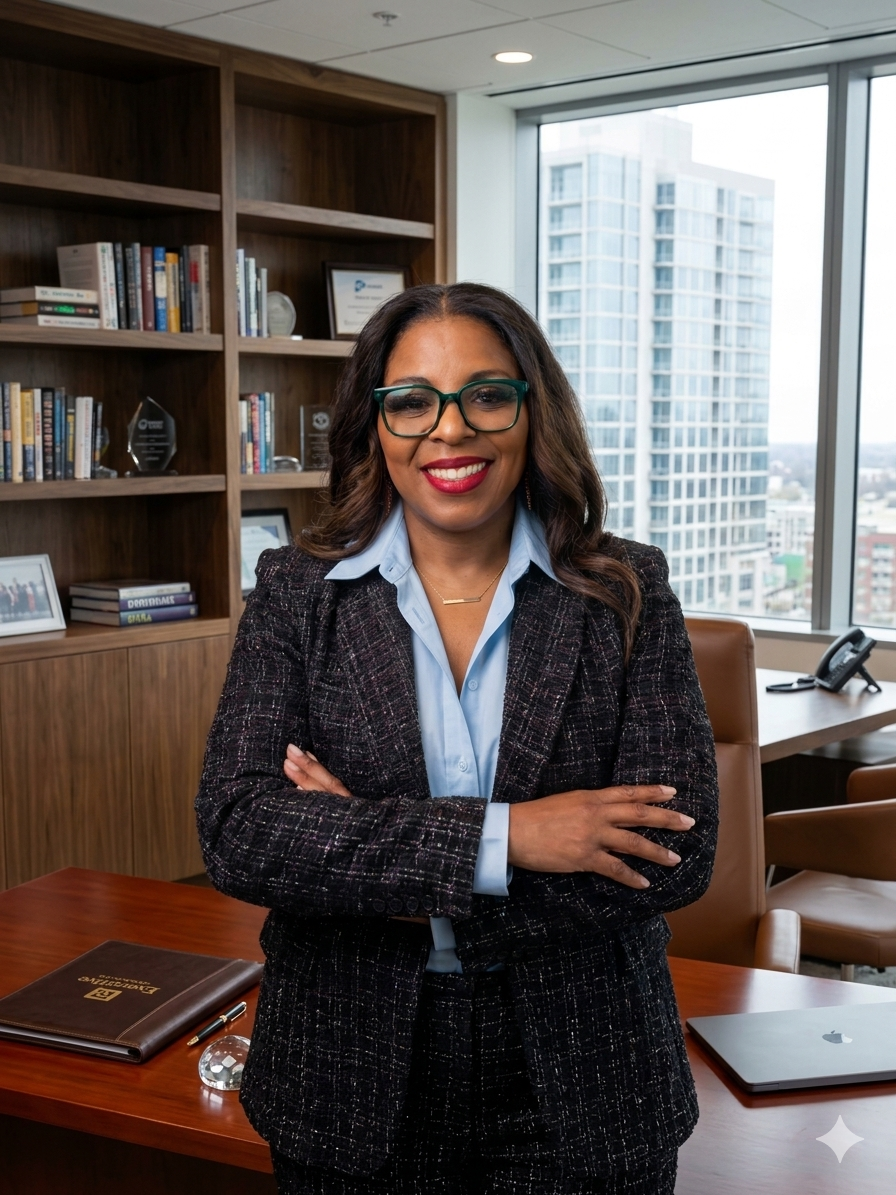 A confident woman with glasses and curled hair standing with crossed arms in an office, with a wooden bookshelf, a closed laptop, and a large window showing a cityscape in the background.